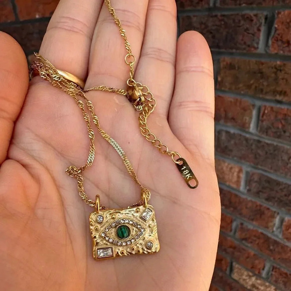 Malachite 18KGold Plated Stainless Steel Waterproof Protect Eyes Necklace - Picture 8 of 10